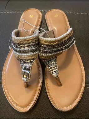 Beaded Toe-Post Sandals in Tan and Metallic Bead Accents